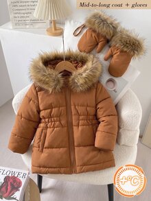 Elladie kids 1件秋冬少女焦糖色絎縫2200#壓線工藝連帽中長款長袖加厚外套＋手套，淺米色人造毛大領設計，前拉鍊開合，彈性腰部設計，兩側口袋，簡約百搭，保暖增溫，適合秋冬少女外出、購物與拍照 - 卡其色 - 查看 7