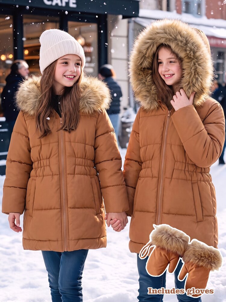 Elladie kids 1pc Autumn/Winter Young Girl Caramel Quilted 2200# Pressed Line Craft With Attached Hood, Light Beige Faux Fur Large Collar Design Mid-Length Long Sleeve Padded Coat + Gloves, Front Zipper Closure, Elastic Waist Design With Pockets On Both Sides, Simple And Versatile, Added Warmth Suitable For Autumn/Winter Young Girl Outings, Shopping And Photography - Khaki - View 5