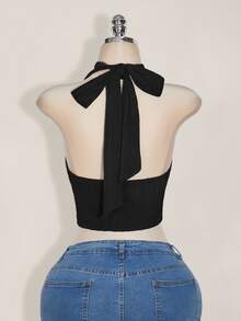 SHEIN ICON Plus Size Black Halter Tied Bow Backless Knit Top, Front Tie Bow Top, Y2K Basic Halter Neck Shirt - Black - View 4