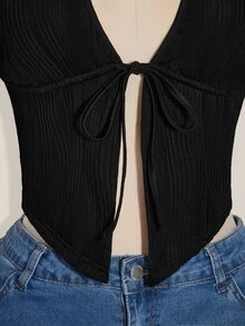 SHEIN ICON Plus Size Black Halter Tied Bow Backless Knit Top, Front Tie Bow Top, Y2K Basic Halter Neck Shirt - Black - View 8