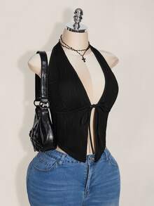 SHEIN ICON Plus Size Black Halter Tied Bow Backless Knit Top, Front Tie Bow Top, Y2K Basic Halter Neck Shirt - Black - View 7