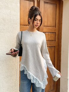 Siren Gaze Women's Lace Patchwork Casual Daily Long Sleeve Sweater - Khaki - View 4