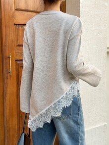 Siren Gaze Women's Lace Patchwork Casual Daily Long Sleeve Sweater - Khaki - View 2