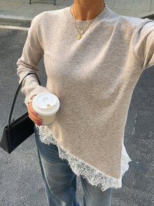 Siren Gaze Women's Lace Patchwork Casual Daily Long Sleeve Sweater - Khaki - View 6