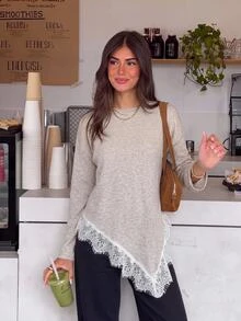 Siren Gaze Women's Lace Patchwork Casual Daily Long Sleeve Sweater - Khaki - View 8