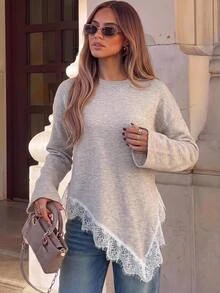 Siren Gaze Women's Lace Patchwork Casual Daily Long Sleeve Sweater - Khaki - View 7