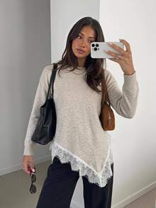 Siren Gaze Women's Lace Patchwork Casual Daily Long Sleeve Sweater - Khaki - View 1