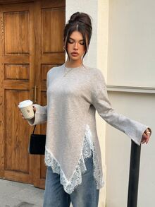 Siren Gaze Women's Lace Patchwork Casual Daily Long Sleeve Sweater - Khaki - View 5
