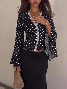 Siren Gaze Women's New Fall Polka Dot Lace Patchwork Chiffon Blouse With Flowy Sleeves Office Brunch Black And White Polka Dot Vintage Elegant - Black - View 8