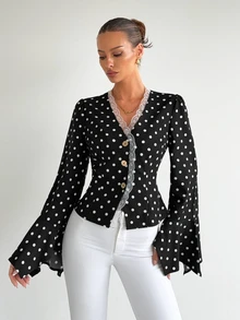 Siren Gaze Women's New Fall Polka Dot Lace Patchwork Chiffon Blouse With Flowy Sleeves Office Brunch Black And White Polka Dot Vintage Elegant - Black - View 6