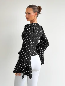 Siren Gaze Women's New Fall Polka Dot Lace Patchwork Chiffon Blouse With Flowy Sleeves Office Brunch Black And White Polka Dot Vintage Elegant - Black - View 2