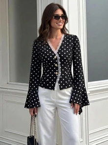 Siren Gaze Women's New Fall Polka Dot Lace Patchwork Chiffon Blouse With Flowy Sleeves Office Brunch Black And White Polka Dot Vintage Elegant - Black - View 9