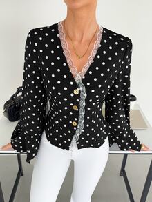 Siren Gaze Women's New Fall Polka Dot Lace Patchwork Chiffon Blouse With Flowy Sleeves Office Brunch Black And White Polka Dot Vintage Elegant - Black - View 5
