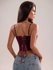 SHEIN BAE 女款秋季衣物，冬季女裝素色修身百搭休閒細肩帶上衣，優雅上衣 - 酒紅色 - 查看 2