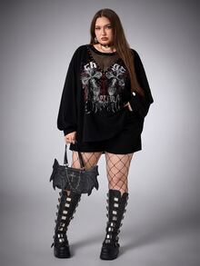 SHEIN CURVE+ Women's Plus Size Y2K Retro Punk Cross Print Casual Sweatshirt, Halloween Costume Fall - Black - View 6