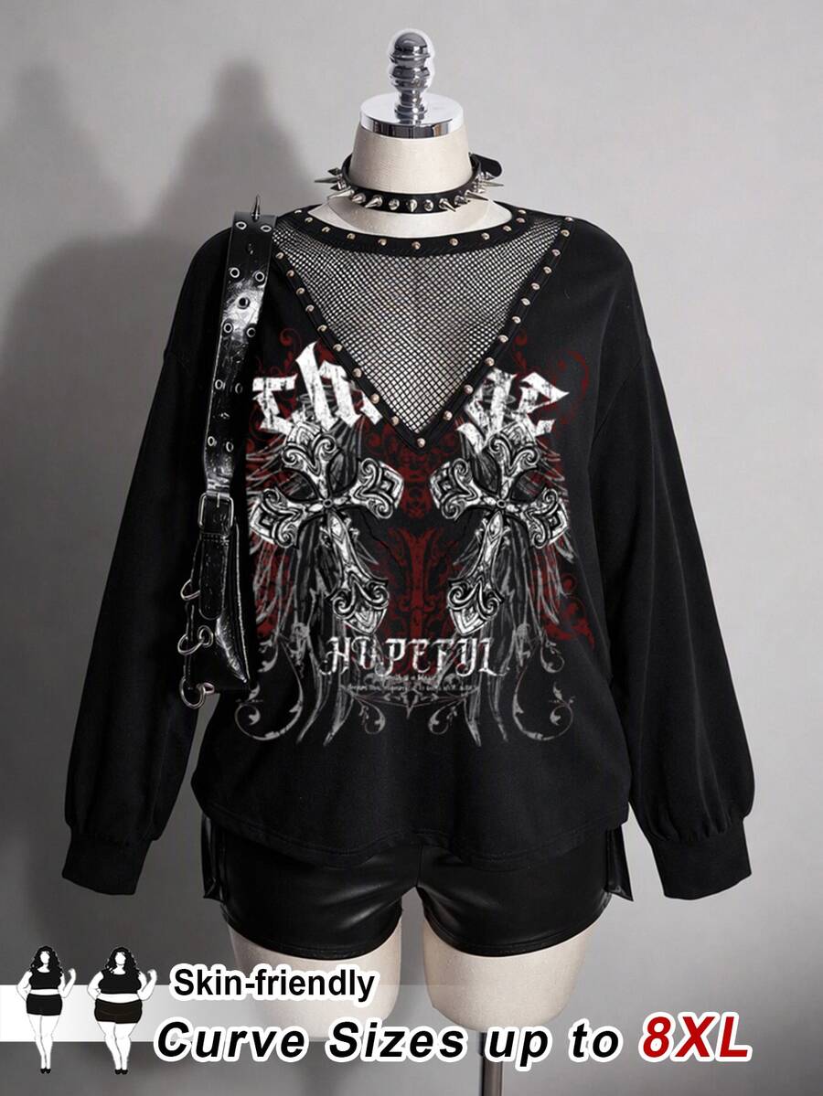 SHEIN CURVE+ Women's Plus Size Y2K Retro Punk Cross Print Casual Sweatshirt, Halloween Costume Fall - Black - View 1
