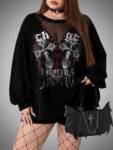 SHEIN CURVE+ Women's Plus Size Y2K Retro Punk Cross Print Casual Sweatshirt, Halloween Costume Fall - Black - View 4