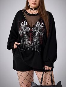 SHEIN CURVE+ Women's Plus Size Y2K Retro Punk Cross Print Casual Sweatshirt, Halloween Costume Fall - Black - View 5