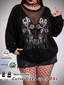 SHEIN CURVE+ Women's Plus Size Y2K Retro Punk Cross Print Casual Sweatshirt, Halloween Costume Fall - Black - View 7