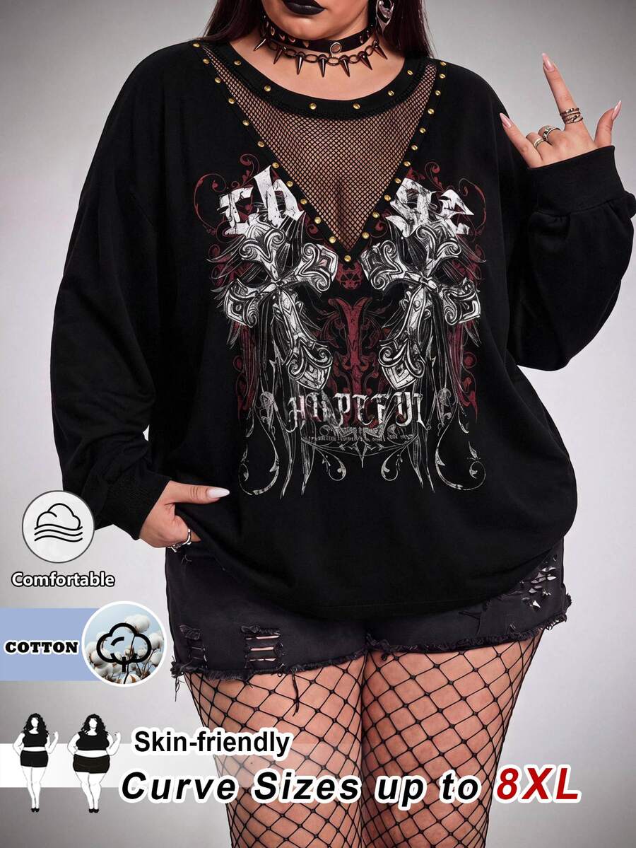 SHEIN CURVE+ Women's Plus Size Y2K Retro Punk Cross Print Casual Sweatshirt, Halloween Costume Fall - Black - View 1