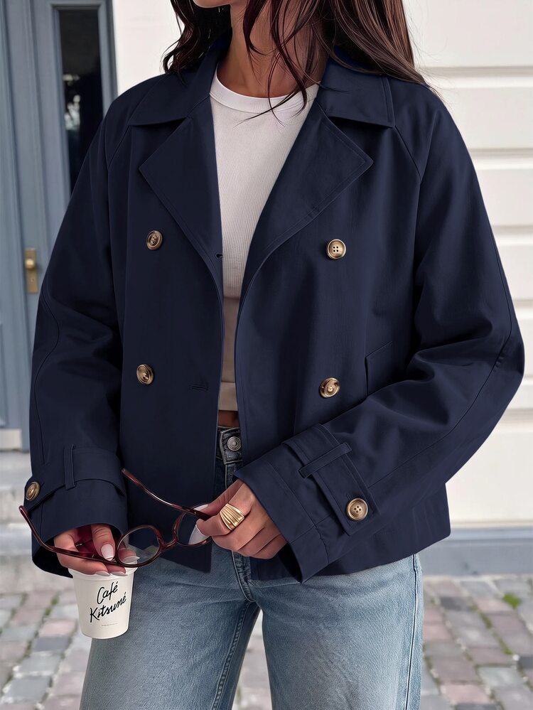 Solavibe Plus Size Women's Solid Color Lapel Neck Double-Breasted Casual Trench Coat Fall - Navy Blue - View 1