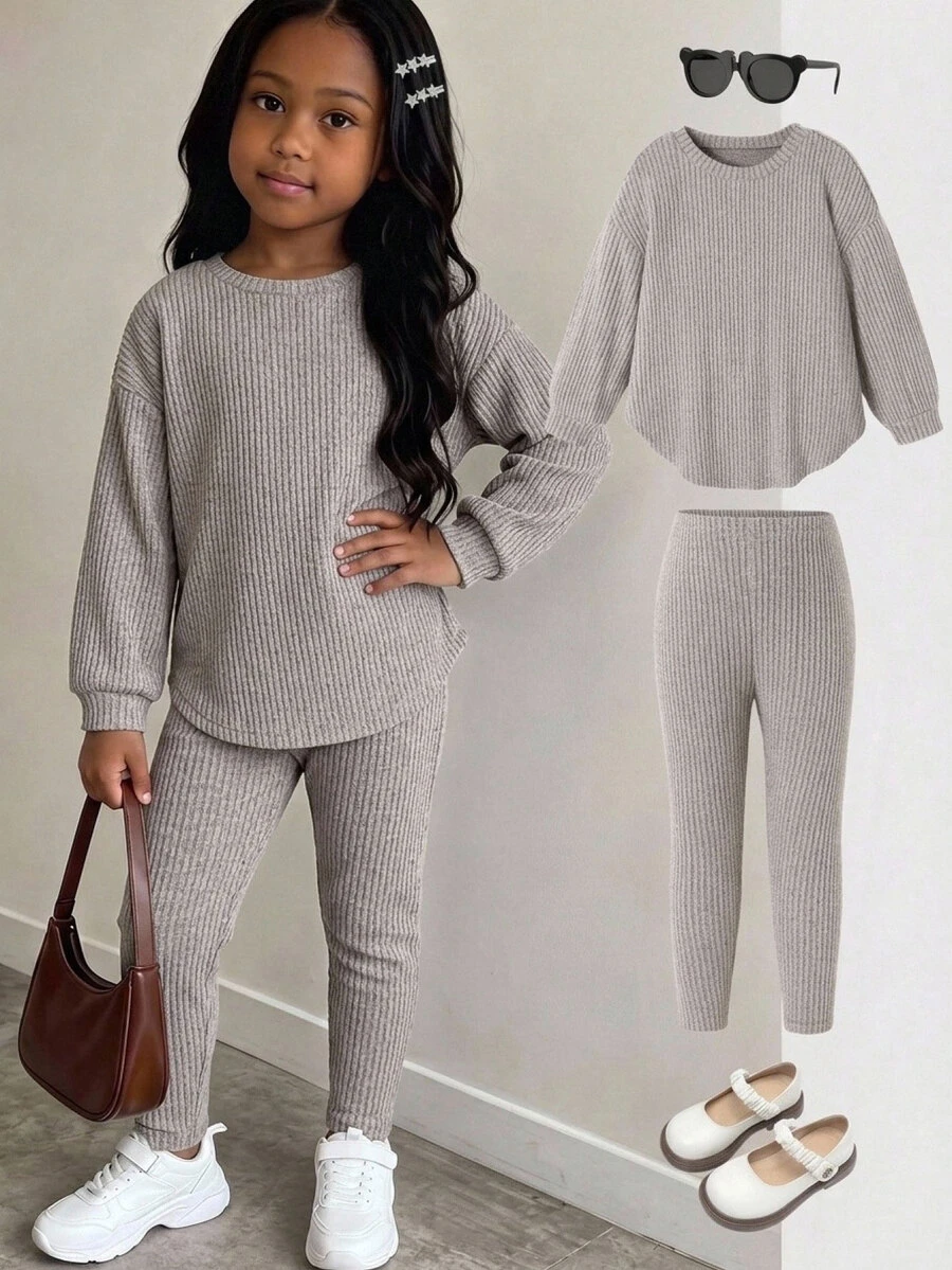 SHEIN Girls' Round Neck Long Young Girl Sleeve Long Winter Pants Casual Set - Multicolor - View 1