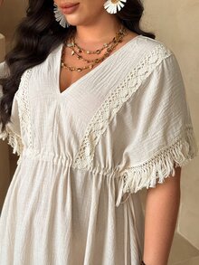 Ceyna Plus Size V-Neck Cinched Waist A-Line Dress With Tassel Cuffs, Vacation Style - Apricot - View 4
