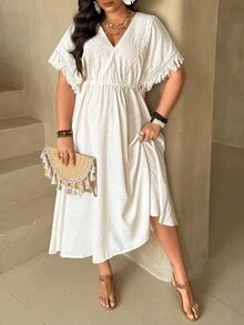 Ceyna Plus Size V-Neck Cinched Waist A-Line Dress With Tassel Cuffs, Vacation Style - Apricot - View 3