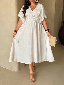 Ceyna Plus Size V-Neck Cinched Waist A-Line Dress With Tassel Cuffs, Vacation Style - Apricot - View 5