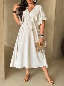 Ceyna Plus Size V-Neck Cinched Waist A-Line Dress With Tassel Cuffs, Vacation Style - Apricot - View 6