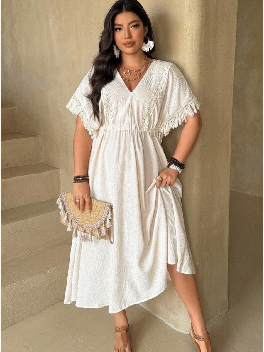 Ceyna Plus Size V-Neck Cinched Waist A-Line Dress With Tassel Cuffs, Vacation Style - Apricot - View 1