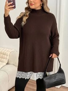 SHEIN CURVE+ Plus Size Women Lace Patchwork Casual Daily Long Sleeve Sweater Winter - Brown - View 3