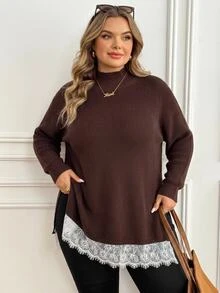 SHEIN CURVE+ Plus Size Women Lace Patchwork Casual Daily Long Sleeve Sweater Winter - Brown - View 7