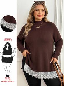SHEIN CURVE+ Plus Size Women Lace Patchwork Casual Daily Long Sleeve Sweater Winter - Brown - View 9
