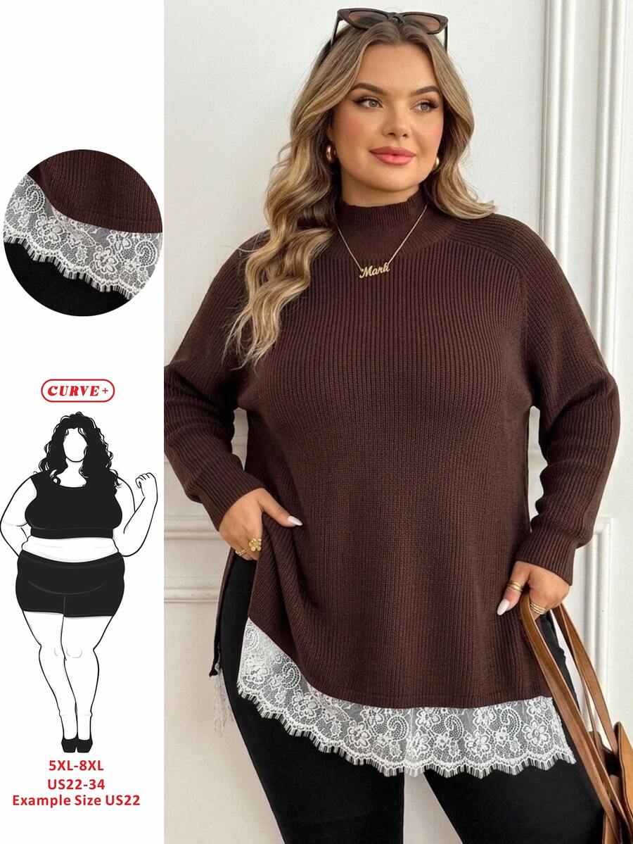 SHEIN CURVE+ 大尺碼女款蕾絲拼接休閒日常長袖針織衫 冬季 - 棕色 - 查看 1