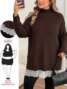 SHEIN CURVE+ Plus Size Women Lace Patchwork Casual Daily Long Sleeve Sweater Winter - Brown - View 1