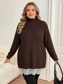 SHEIN CURVE+ Plus Size Women Lace Patchwork Casual Daily Long Sleeve Sweater Winter - Brown - View 5
