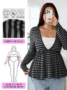 Solflare Plus Size Korean Style Striped Color Block 2 In 1 T-Shirt - Multicolor - View 1