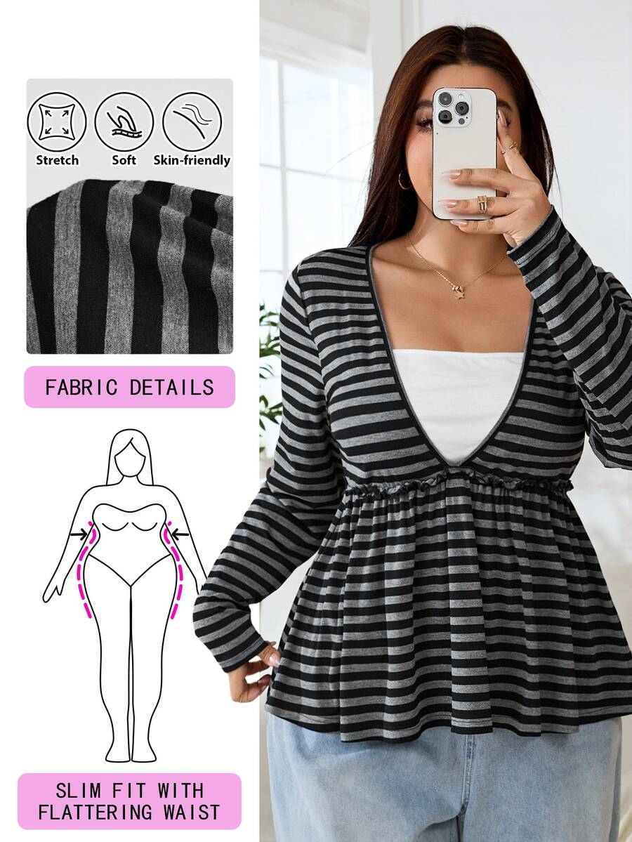 Solflare Plus Size Korean Style Striped Color Block 2 In 1 T-Shirt - Multicolor - View 1