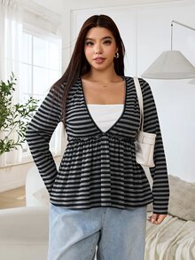 Solflare Plus Size Korean Style Striped Color Block 2 In 1 T-Shirt - Multicolor - View 5
