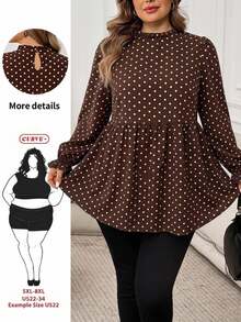 SHEIN CURVE+ Plus Size Casual Leopard Print Ruffle Collar T-Shirt, Autumn Leopard Print Top Fall - Brown - View 1
