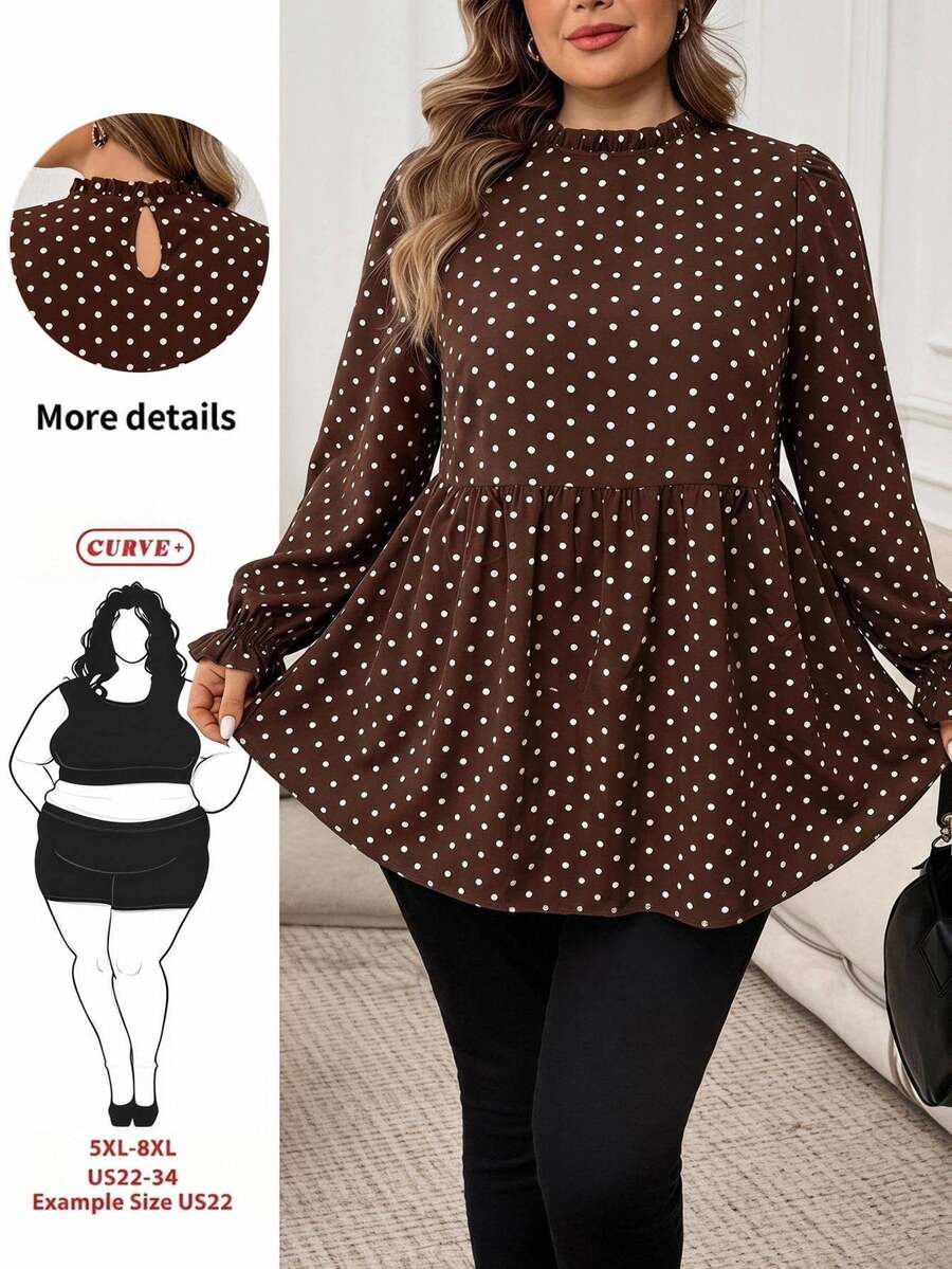 SHEIN CURVE+ Plus Size Casual Leopard Print Ruffle Collar T-Shirt, Autumn Leopard Print Top Fall - Brown - View 1
