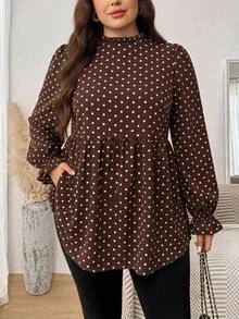 SHEIN CURVE+ Plus Size Casual Leopard Print Ruffle Collar T-Shirt, Autumn Leopard Print Top Fall - Brown - View 3