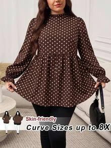 SHEIN CURVE+ Plus Size Casual Leopard Print Ruffle Collar T-Shirt, Autumn Leopard Print Top Fall - Brown - View 4