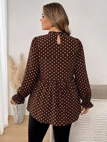 SHEIN CURVE+ Plus Size Casual Leopard Print Ruffle Collar T-Shirt, Autumn Leopard Print Top Fall - Brown - View 2