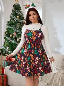 SHEIN EZwear 大尺碼女款薑餅人聖誕標語印花細肩帶洋裝 - 彩色 - 查看 1