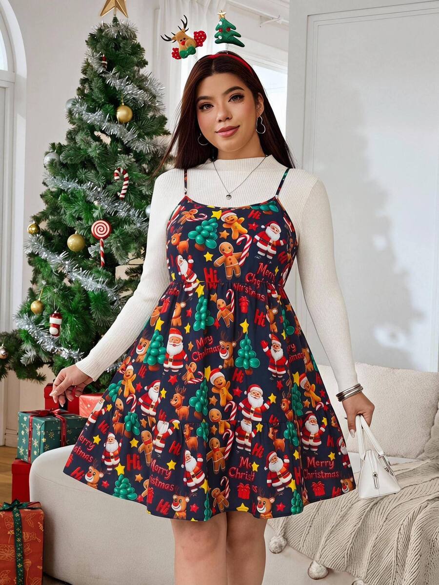SHEIN EZwear 大尺碼女款薑餅人聖誕標語印花細肩帶洋裝 - 彩色 - 查看 1