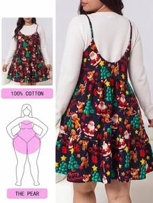 SHEIN EZwear 大尺碼女款薑餅人聖誕標語印花細肩帶洋裝 - 彩色 - 查看 5