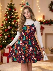SHEIN EZwear 大尺碼女款薑餅人聖誕標語印花細肩帶洋裝 - 彩色 - 查看 2