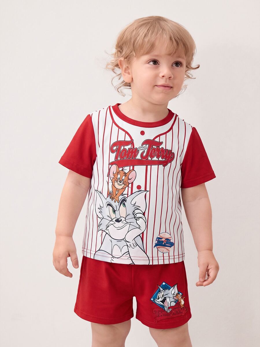 TOM & JERRY X SHEIN Baby Boy Striped Short Sleeve T-Shirt And Shorts Casual Set - Red and White - View 1